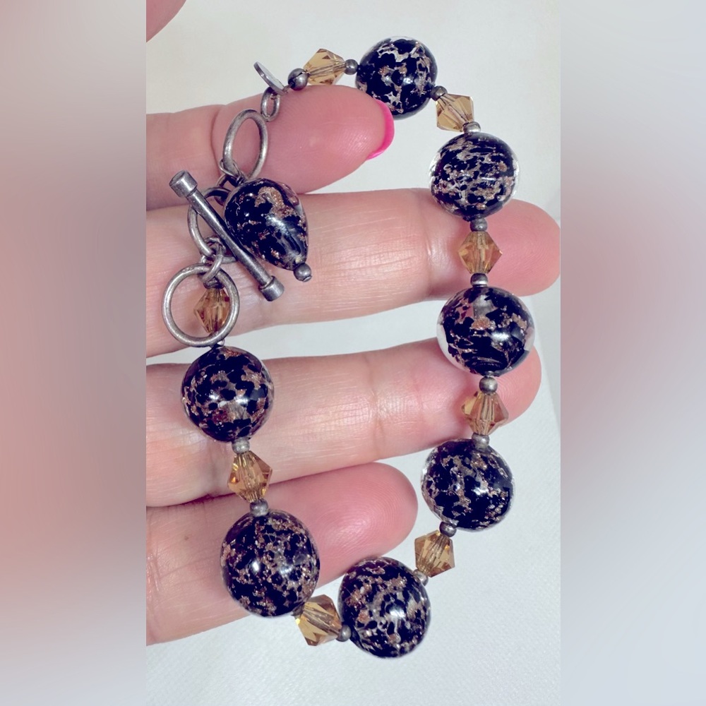 Lucky Clover Murano Glass Venetian Aventurine Copper Foil 925 Sterling Bracelet